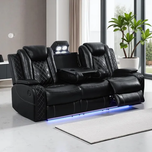 Miniatura 43 de Juego de Sofá Reclinable Eléctrico, Juego de Sofá y Sillón Reclinable de Cuero Negro, Juegos de Muebles de Sala de Estar, Sofá de Dos Plazas