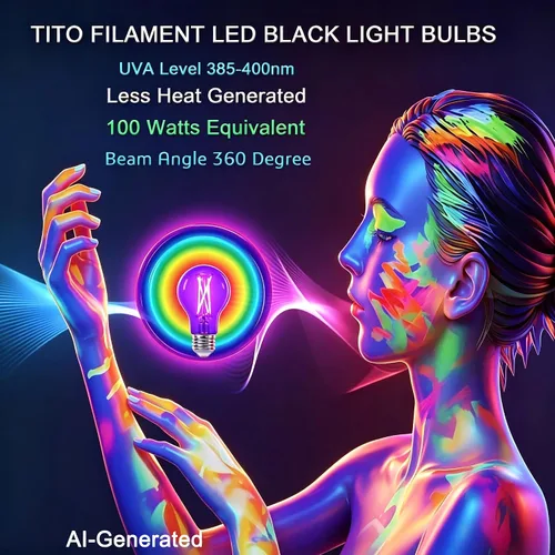 Miniatura 3 de TITO Paquete de 8 bombillas LED negras de filamento regulable E26 A19, UVA 395 nm, 6 W, equivalente a 100 W, bombilla negra que brilla