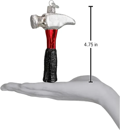 Miniatura 3 de Old World Christmas Adornos: Herramientas para contratistas Adornos de vidrio soplado para árbol de Navidad, martillo de garra, rojo, negro, plata