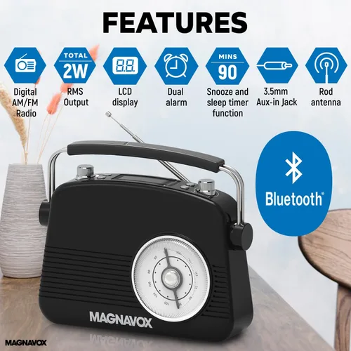 Miniatura 2 de Magnavox Reloj despertador doble retro con radio FM, tecnología inalámbrica Bluetooth, pantalla LCD, temporizador de repetición y sueño, ideal