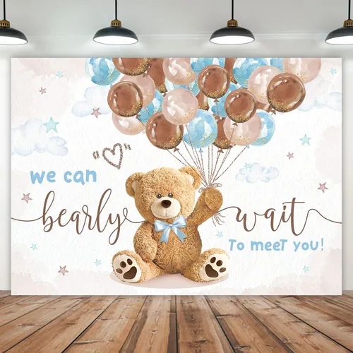 Miniatura 14 de Telón de fondo de oso para baby shower, de 5 pulgadas de ancho x 3 de alto, con texto en inglés «We Can Bearly Wait Brown Blue Balloons» de dibujos