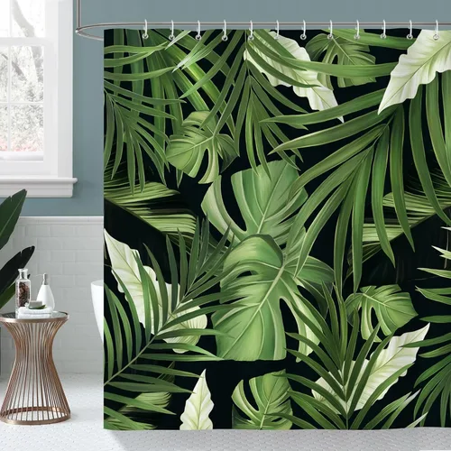 Miniatura 2 de Bonhause Cortina de ducha con hojas tropicales, diseño de naturaleza selva, hoja de palmera verde oscuro, planta Monstera, cortina de baño de 72 x