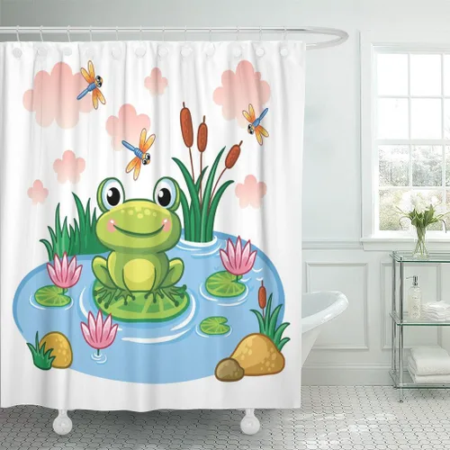 Emvency Cortina de ducha azul con dibujos animados de rana sentada en estanque estilo infantil lago con animales, tela de poliéster impermeable para