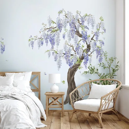 Miniatura 2 de wondever Pegatinas de pared de árbol de flores moradas, diseño de glicina para colgar en árbol grande, calcomanías de arte de pared para dormitorio