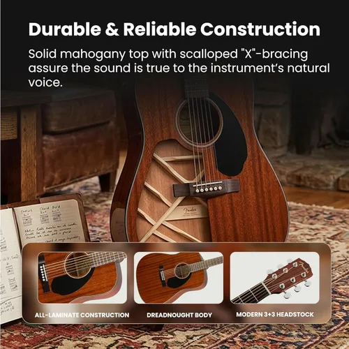 Miniatura 3 de Fender CD-60S Guitarra Acústica Dreadnought de Tapa Sólida - Todo Caoba, Paquete con Funda Gig Bag, Afinador, Correa, Cuerdas, Púas y DVD