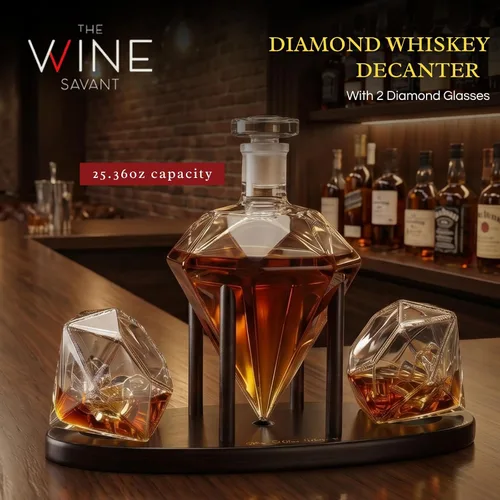 Miniatura 2 de The Wine Savant - Decantador de whisky en forma de diamante, con 2 copas en forma de diamante, para licor, escocés, ron, bourbon, vodka, tequila