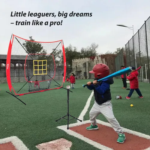 Miniatura 8 de Red de entrenamiento de béisbol y softbol de 7 x 7 pies con camiseta de bateo, objetivo de zona de golpe, juego de práctica portátil de golpeo y Rojo
