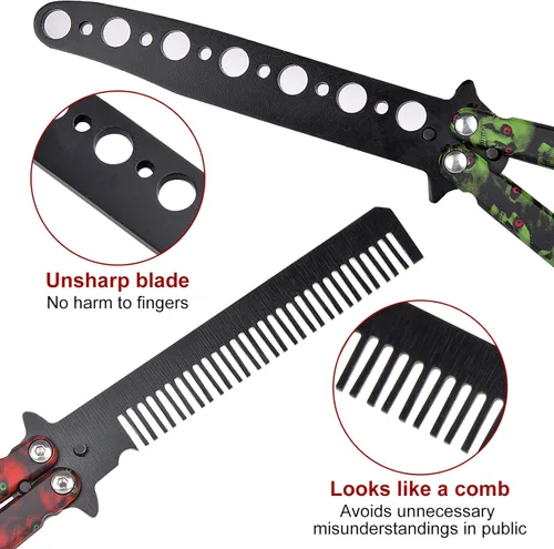 Miniatura 4 de AIFUSI Cuchillo de entrenamiento de mariposa de práctica, paquete de 2 peines plegables de acero, hoja sin afilar, no ofensivo, Bilsong