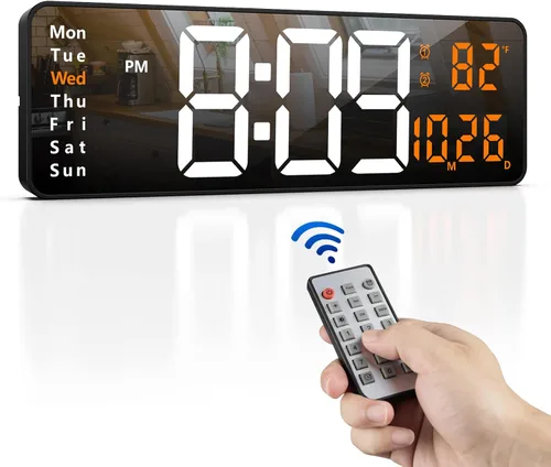 Zgrmbo Reloj de pared digital grande de 16 pulgadas con control remoto, pantalla grande LED reloj de pared para sala de Blanco