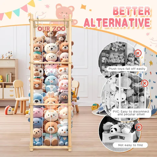 Miniatura 4 de Almacenamiento de Animales de Peluche - Organizador Alto de Juguetes de Madera de Pino Natural con Cuerdas Elásticas y Estante, Casa