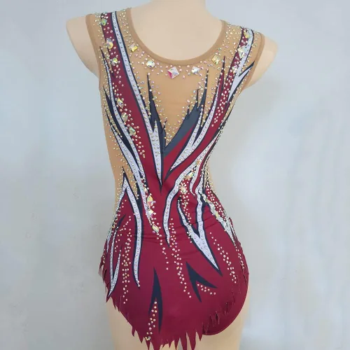 Miniatura 2 de LIUHUO Leotardo de gimnasia rítmica con patrón de diamantes rojos para niñas, sin mangas, rendimiento de competición