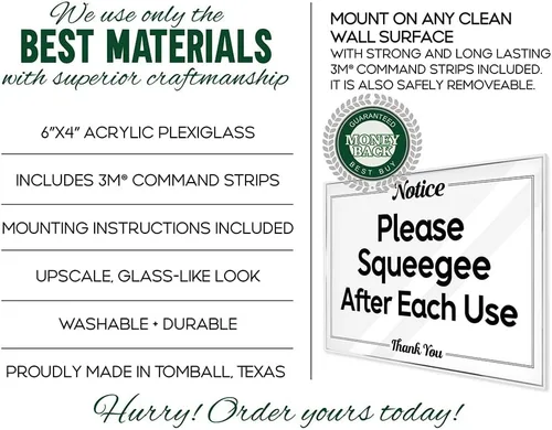 Miniatura 5 de Letreros de baño Essentials for Hosts – Letrero acrílico de 4 x 6 pulgadas con cinta de montaje – Please Squeegee After Each Use Bathroom Sign