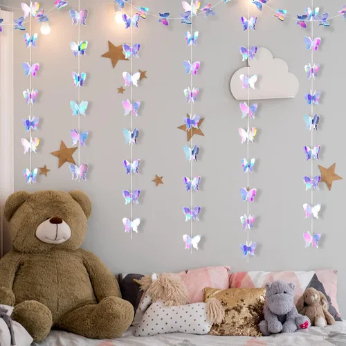 Miniatura 6 de Zonon 4 piezas de 4 guirnaldas de mariposas para decoración de fiesta, pancarta floral de mariposas, decoración colgante para jardín, boda