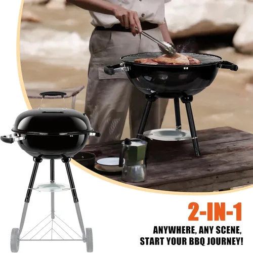 Miniatura 7 de Leonyo - Parrilla de carbón portátil de 18 pulgadas, ahumador redondo con ruedas y tapa esmaltada de porcelana para cocinar al aire libre