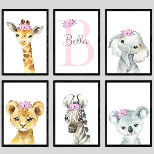 Miniatura 13 de Juego de 3 pósteres de animales de safari para niñas, habitación del bebé, sin marco, con nombre personalizado, flores rosas o moradas, decoración