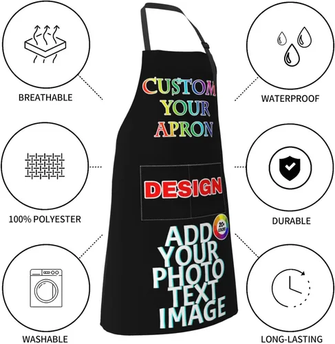 Miniatura 5 de Delantal de chef personalizado para mujeres y hombres con bolsillos, con nombre, texto, logotipo, foto, imagen, delantal de cocina