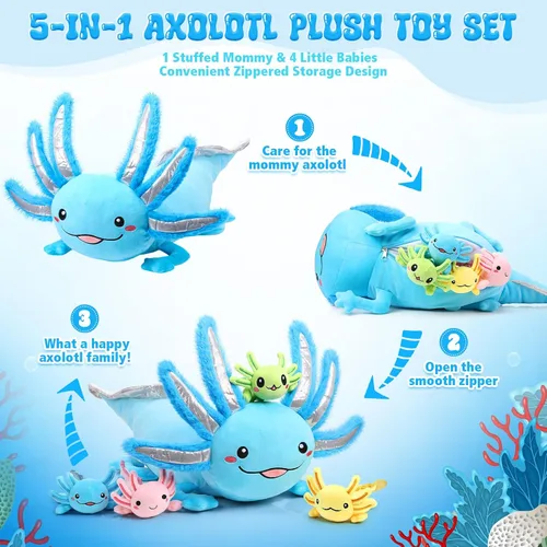 Miniatura 3 de Aoriher Juego de 5 piezas de peluche de ajolote de 24 pulgadas con 4 lindos bebés de peluche en el vientre, suave peluche para niños que duermen Azul