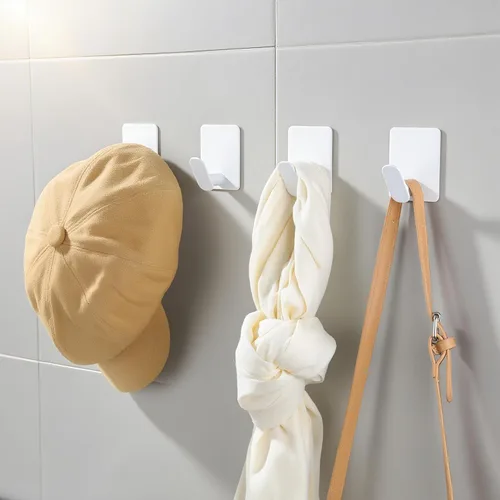Miniatura 4 de DELITON Paquete de 4 ganchos adhesivos para toallas - Blancos, ganchos autoadhesivos resistentes para pegar en la pared, para colgar batas, abrigos