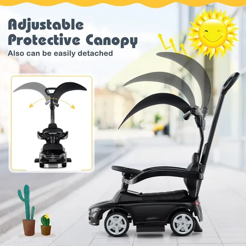 Miniatura 6 de Costzon Coche de empuje para niños pequeños, 3 en 1 Mercedes Benz Cochecito deslizante caminador con toldo, mango, barra de seguridad, sonido