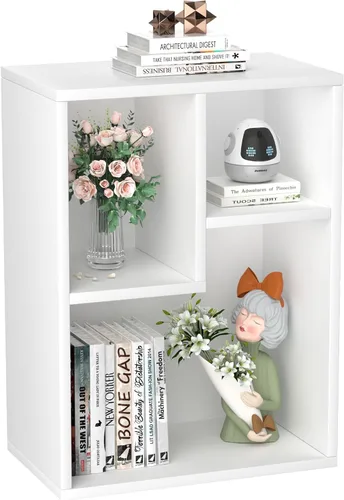 Miniatura 23 de VECELO Estantería para niños, 2 en 1 con estantes y 3 cubos de diferentes tamaños, organizador de madera para almacenamiento de juguetes para Blanco