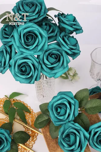 Miniatura 405 de N&T NIETING Flores artificiales, rosas artificiales de color rosa intenso, 50 piezas de flores falsas con tallo para ramos de boda DIY, centros