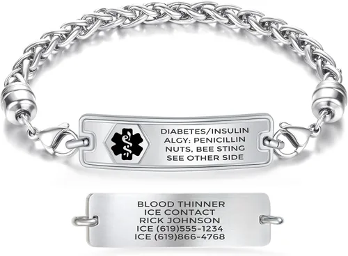 Divoti - Pulseras de alerta médica con grabado personalizado profundo con láser, etiqueta clásica de identificación médica con cadena tipo trigo y