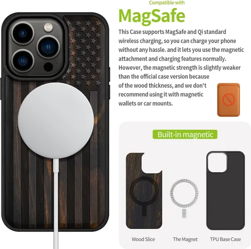 Miniatura 5 de Carveit Funda magnética de madera para iPhone 15 Pro, compatible con cargadores inalámbricos MagSafe, funda de TPU suave negro a prueba de golpes