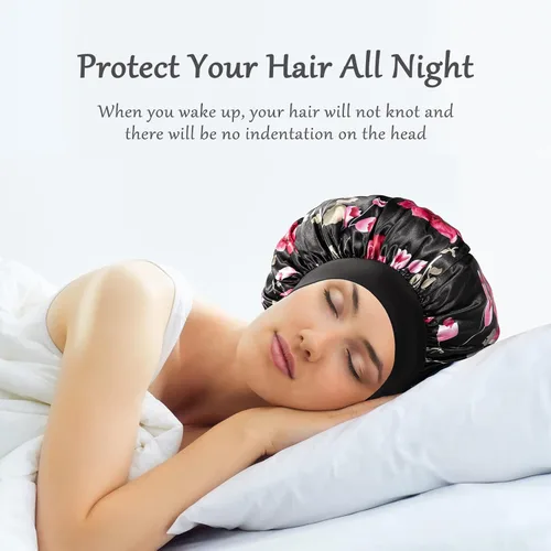 Miniatura 5 de vidsel 4 gorros de satén para mujer, gorro de seda para dormir, gorra de dormir de banda ancha para trenzas de cabello rizado