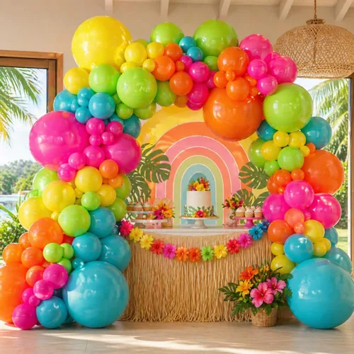 Miniatura 8 de Kit de guirnalda de arco de globos tropicales de verano, 141 globos de látex de color rosado intenso, verde lima, naranja, azul pizarra y amarillo