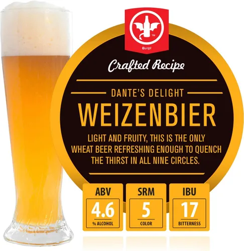 Kit de recetas de cerveza Dante's Delight Weizenbier de 2 galones. Hace un lote de cerveza artesanal hecha a mano con 4.6% ABV