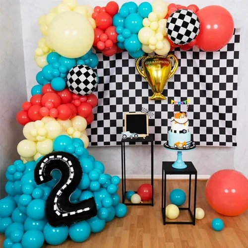 Kit de arco de globos de auto de carreras, 110 piezas, decoraciones de fiesta de cumpleaños de carreras para niños, kit de guirnalda de 2º