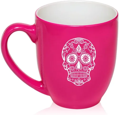 Taza grande de 16 oz Bistro Taza de cerámica para café, té, taza de vidrio, calavera de caramelo de azúcar (rosa intenso)