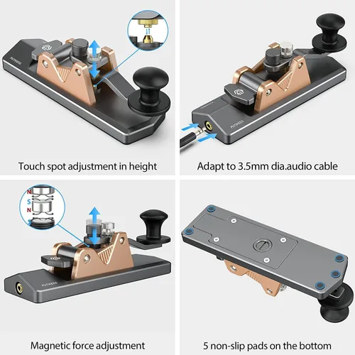 Miniatura 5 de Mini CW Key Morse Radio HAM Big Double Paddle Código Morse Llave Cuerpo de aleación de aluminio con base de altavoz Gris