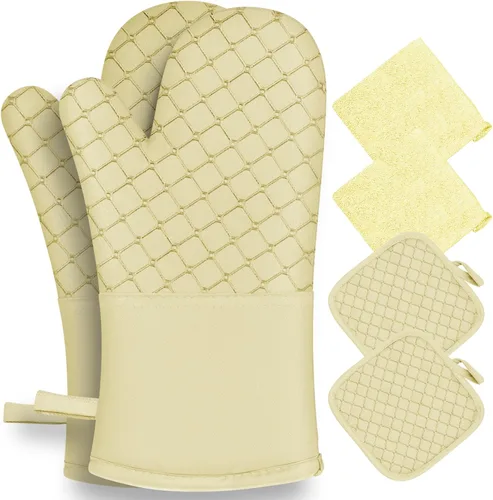 Miniatura 11 de 6 guantes de horno y soportes para ollas, resistentes al calor de 500 ℉ con toallas de cocina, forro de algodón suave y superficie de silicona Gris