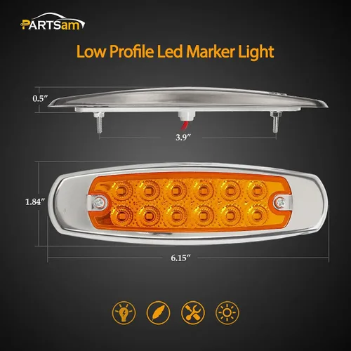 Miniatura 5 de Partsam 10 Uds. 6.2 "ámbar 12LED Laterales Luces de Liquidación con Bisel de Acero Inoxidable Reemplazo para Semi Camiones Peterbilt Kenworth