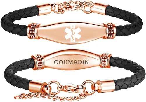 Miniatura 36 de LinnaLove Pulseras de alerta médica para mujeres, hermosas pulseras de cuero femenino para identificación médica con grabado gratuito