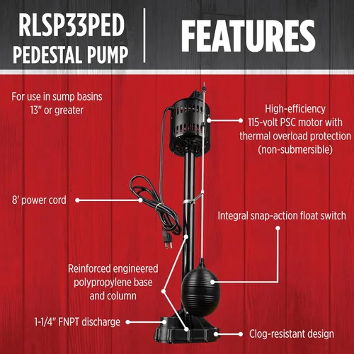 Miniatura 3 de Red Lion RLSP33PED Bomba de pedestal termoplástica de 115 voltios, 1/3 HP, 3300 GPH con cable de 8 pies, color negro, 14942052