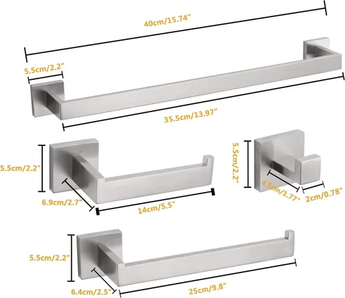 Miniatura 6 de Juego de accesorios de baño de 4 piezas, toallero, toallero, soporte para papel higiénico, ganchos para toallas, ganchos modernos cuadrados de acero