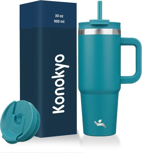 Miniatura 9 de Konokyo - Vaso de 40 onzas con asa y 2 pajillas, botella de agua aislada 2 en 1 con tapa. Taza de viaje de acero inoxidable para café, flores