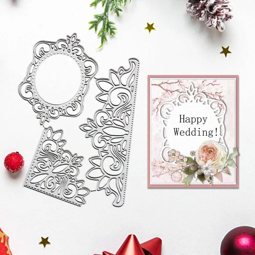 Miniatura 4 de 3 troqueles de corte de marco de flores de metal, flores de encaje huecas, plantillas en relieve, molde de plantilla para álbumes de recortes