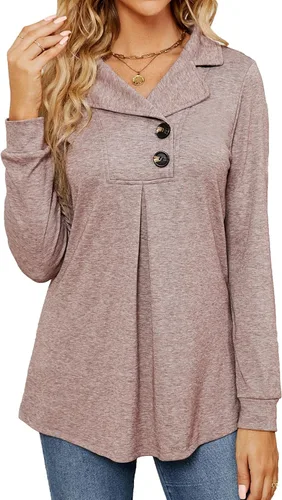 Miniatura 7 de Newchoice Blusa de manga larga para mujer, para leggings, casual, cuello de muesca, con botones, sudadera sin botones