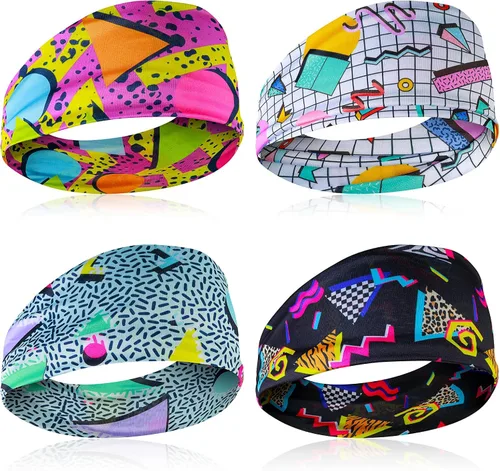 Lusofie 4PCS 80s 90s Vintage Headbands,Retro Soft Sport Sweatbands,Boho Neon Headband,Universal Workout Weatband for Men and Women,for Hiking