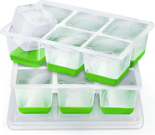 Miniatura 10 de Bandejas para cubitos de hielo, 2 unidades, moldes grandes de silicona para cubitos de hielo con tapa a prueba de fugas, marco de TPE transparente