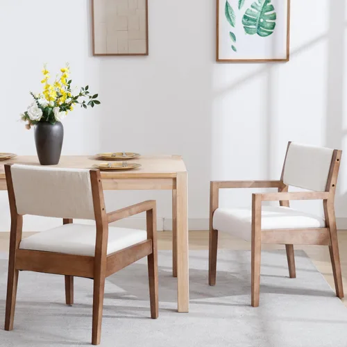Miniatura 8 de RIVOVA Juego de 2 sillas de comedor de lino, cómodas sillas de cocina tapizadas con patas de madera, sillas de cocina modernas de mediados de siglo