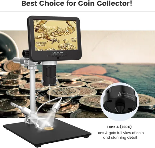 Miniatura 6 de LM246MS Microscopio digital HDMI de 3 lentes de 7 pulgadas para soldar, soporte de brazo de brazo de pluma de 13 pulgadas, video UHD 2160P 2000X