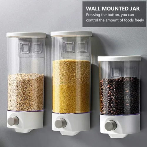 Miniatura 6 de Kichvoe Tarro de almacenamiento montado en la pared 1.5L dispensador de grano transparente para cocina ahorro de espacio organizador de alimentos a