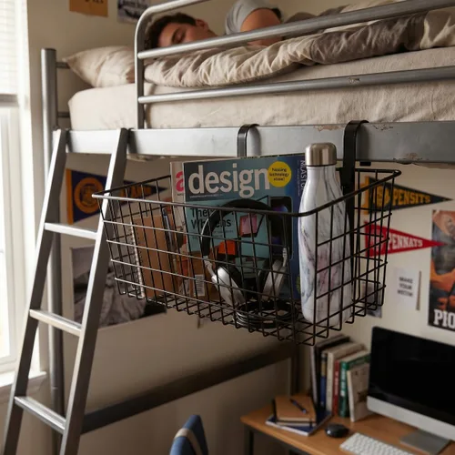 Miniatura 9 de Cesta colgante de metal para literas y dormitorios de collage, organizador de alambre de gabinete para almacenamiento, organizador grande multiusos