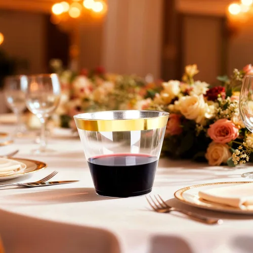 Miniatura 5 de Ciaell 200 vasos de plástico dorados – Vasos de plástico transparente desechables resistentes de 9 onzas con borde dorado para vino, cóctel, fiesta
