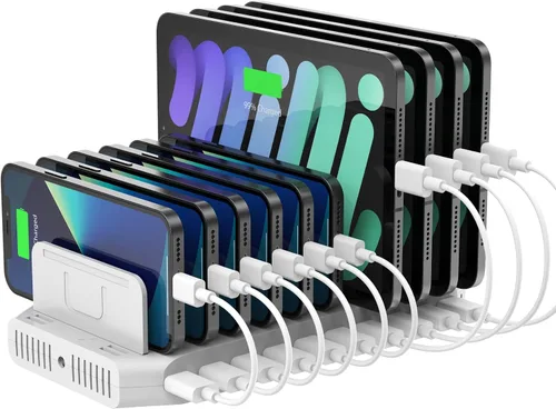 Miniatura 11 de Unitek Estación de carga múltiple, cargador USB de 10 puertos para múltiples dispositivos con tecnología SmartIC y divisores ajustables, soporte