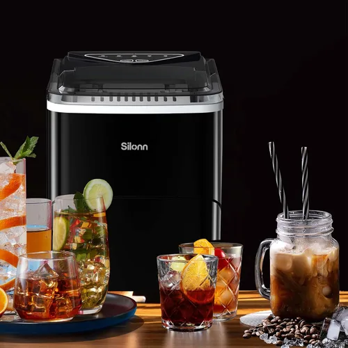 Miniatura 7 de Silonn - Máquina para hacer hielo con encimera, 9 cubos listos en 6 minutos, 26 libras en 24 horas, máquina de hielo autolimpiante con cuchara